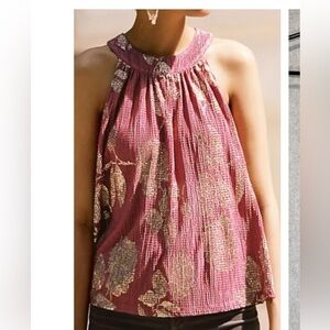 Anthropologie Feather Bone Rose Pink Gold Metallic Floral Bohemian Halter Top M